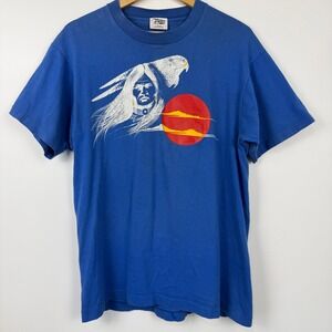 Vintage Tiger Native American Eagle Spirit Red Sun Graphic T Shirt Mens L Blue